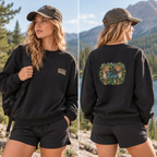 White WILD crewneck, front and back view, with chest logo and leopard print on the back