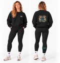 Black WILD crewneck, front and back view, with chest logo and leopard print on the back