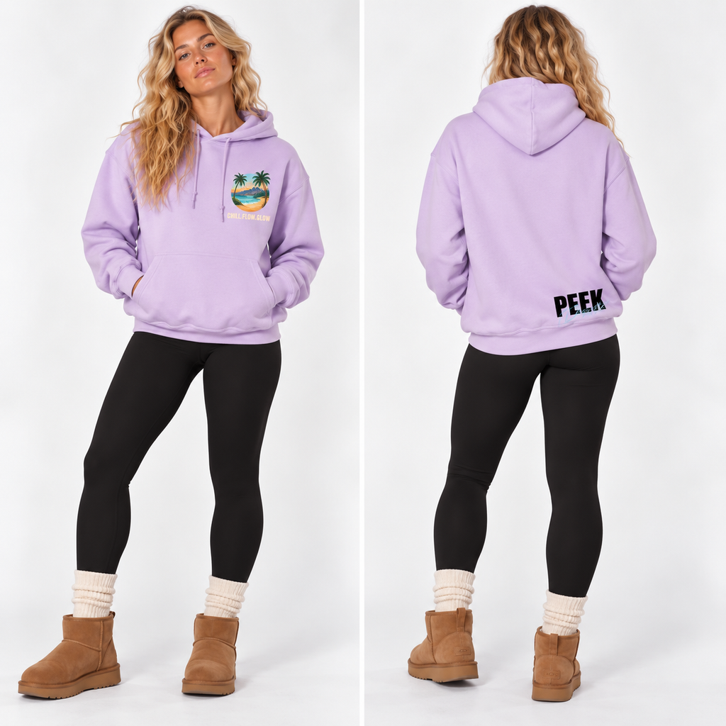 Lilac Aloha hoodie by Peek Breeze, front and back view