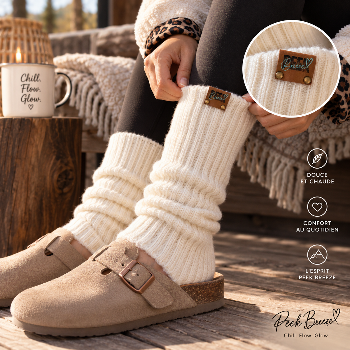 Ivory Peek Breeze leg warmers worn with black leggings and beige clogs in a cabin setting