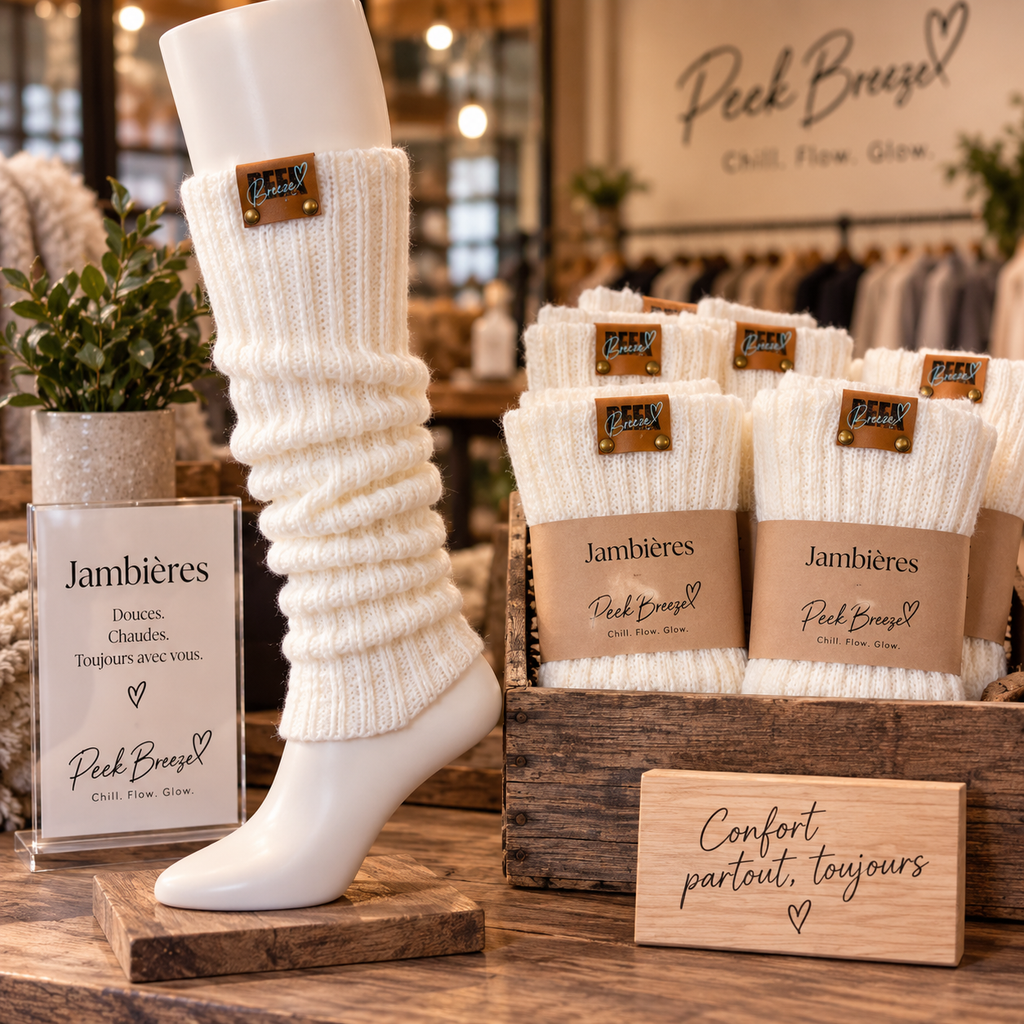 Ivory Peek Breeze leg warmers on display in a cozy boutique