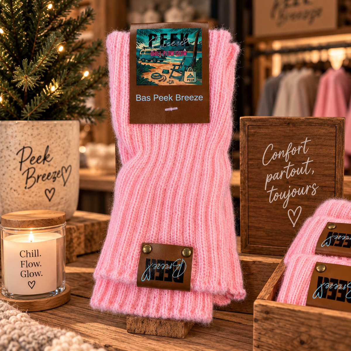Candy pink Peek Breeze leg warmers on display in a cozy boutique