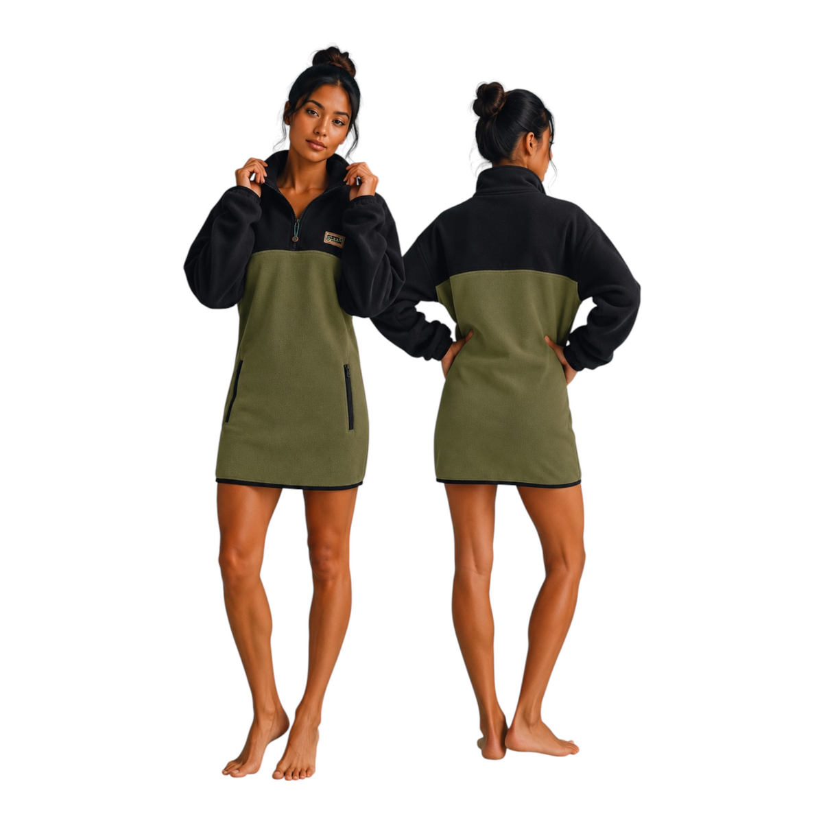 Haven Quarter-Zip Fleece Dress – Khaki & Black