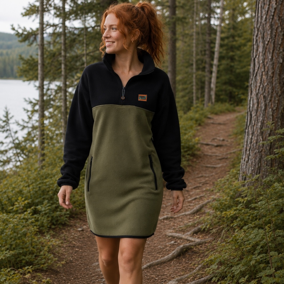 Haven Quarter-Zip Fleece Dress – Khaki & Black