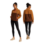 Woman wearing the Toffee half-zip fleece pullover in caramel and brown, front and back view