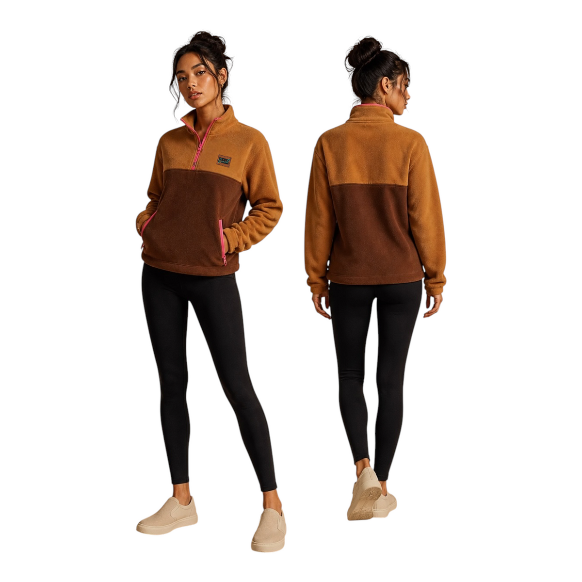 Woman wearing the Toffee half-zip fleece pullover in caramel and brown, front and back view