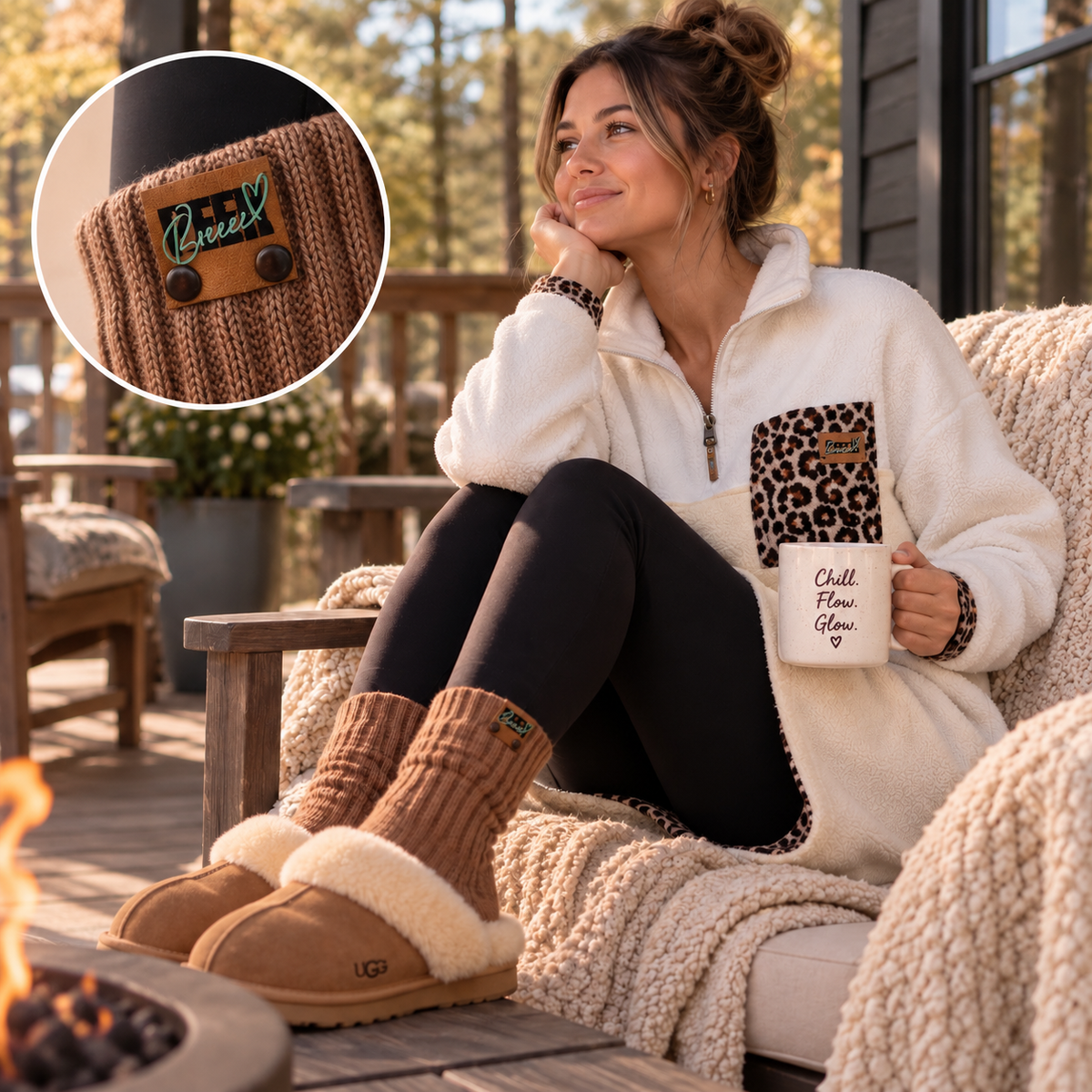 Woman wearing caramel Peek Breeze cozy socks with black leggings and slippers on a cozy patio
