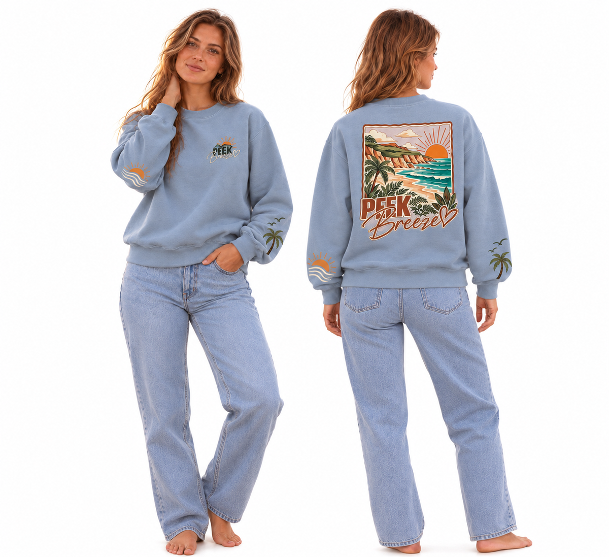 Woman wearing the light blue Coastal crewneck, front and back view