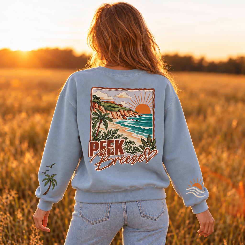 Back view of the light blue Coastal crewneck with a large landscape print