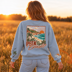 Back view of the light blue Coastal crewneck with a large landscape print