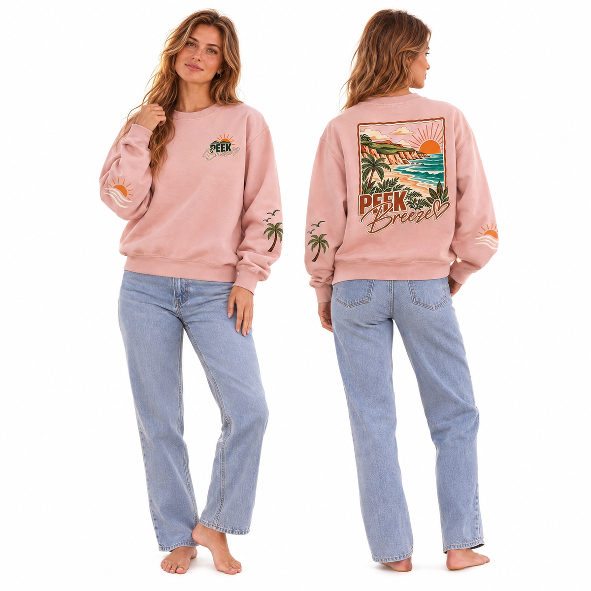 Pale pink Coastal crewneck sweatshirt by Peek Breeze, front and back view with chest logo