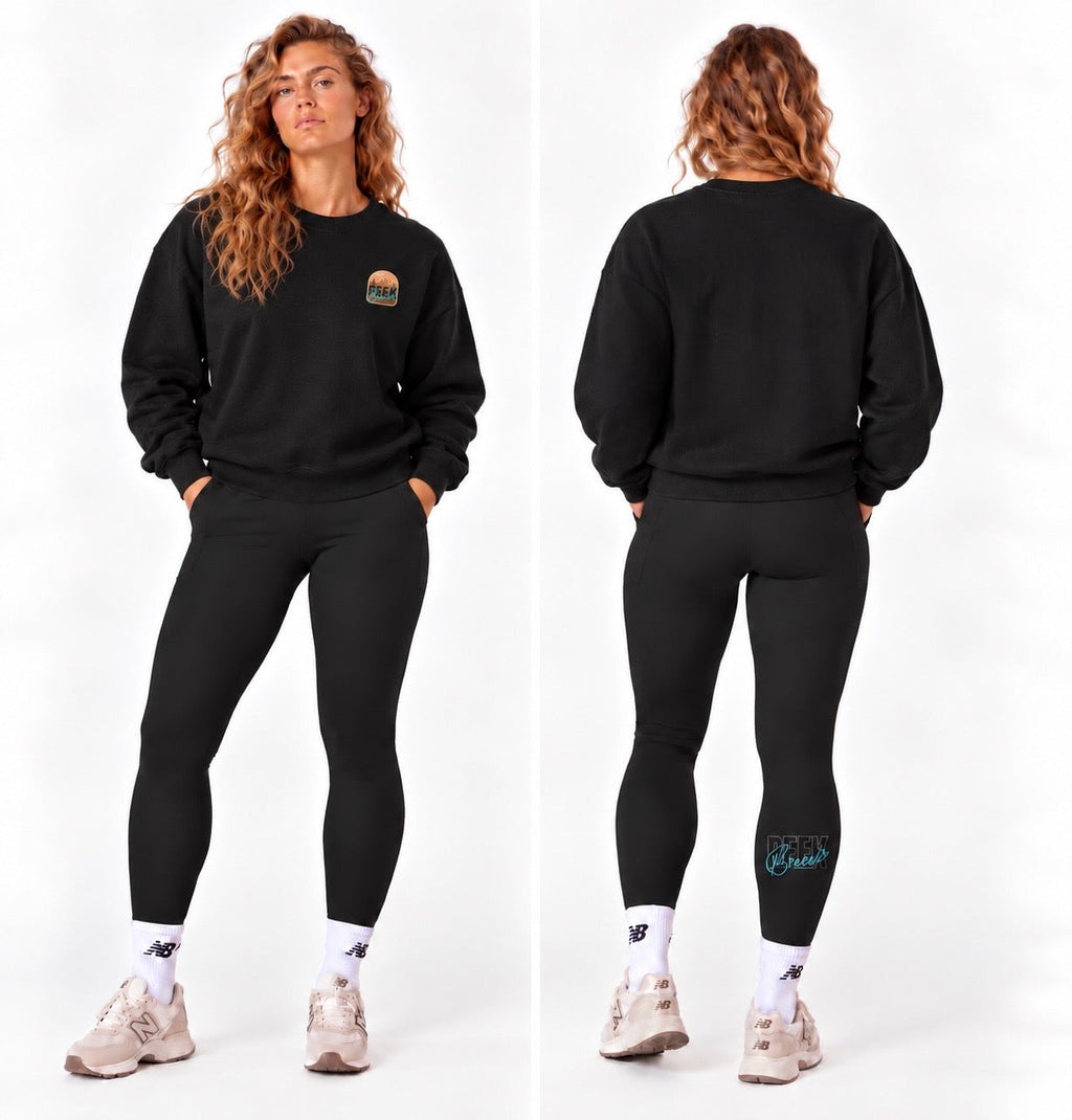 Black ROAM crewneck by Peek Breeze, front and back view