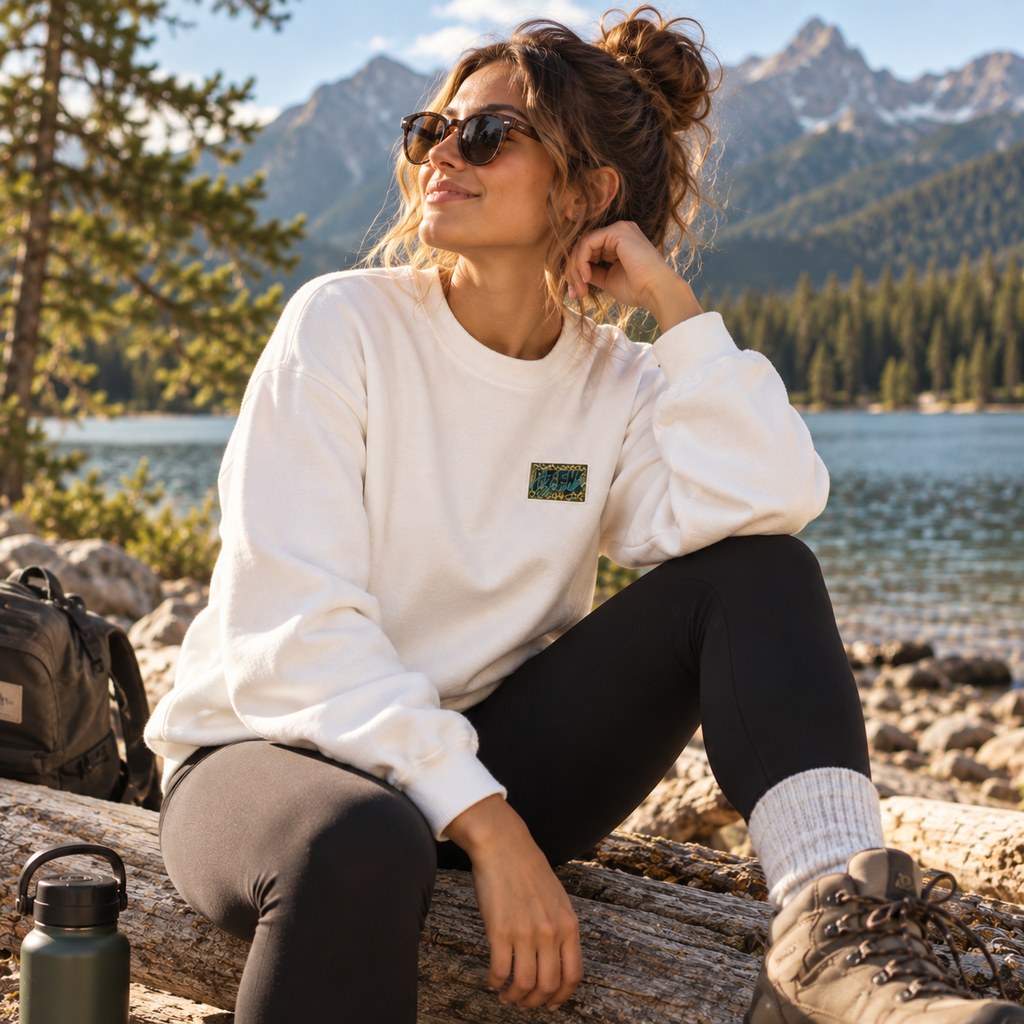 Woman wearing the white WILD crewneck outdoors by a mountain lake
