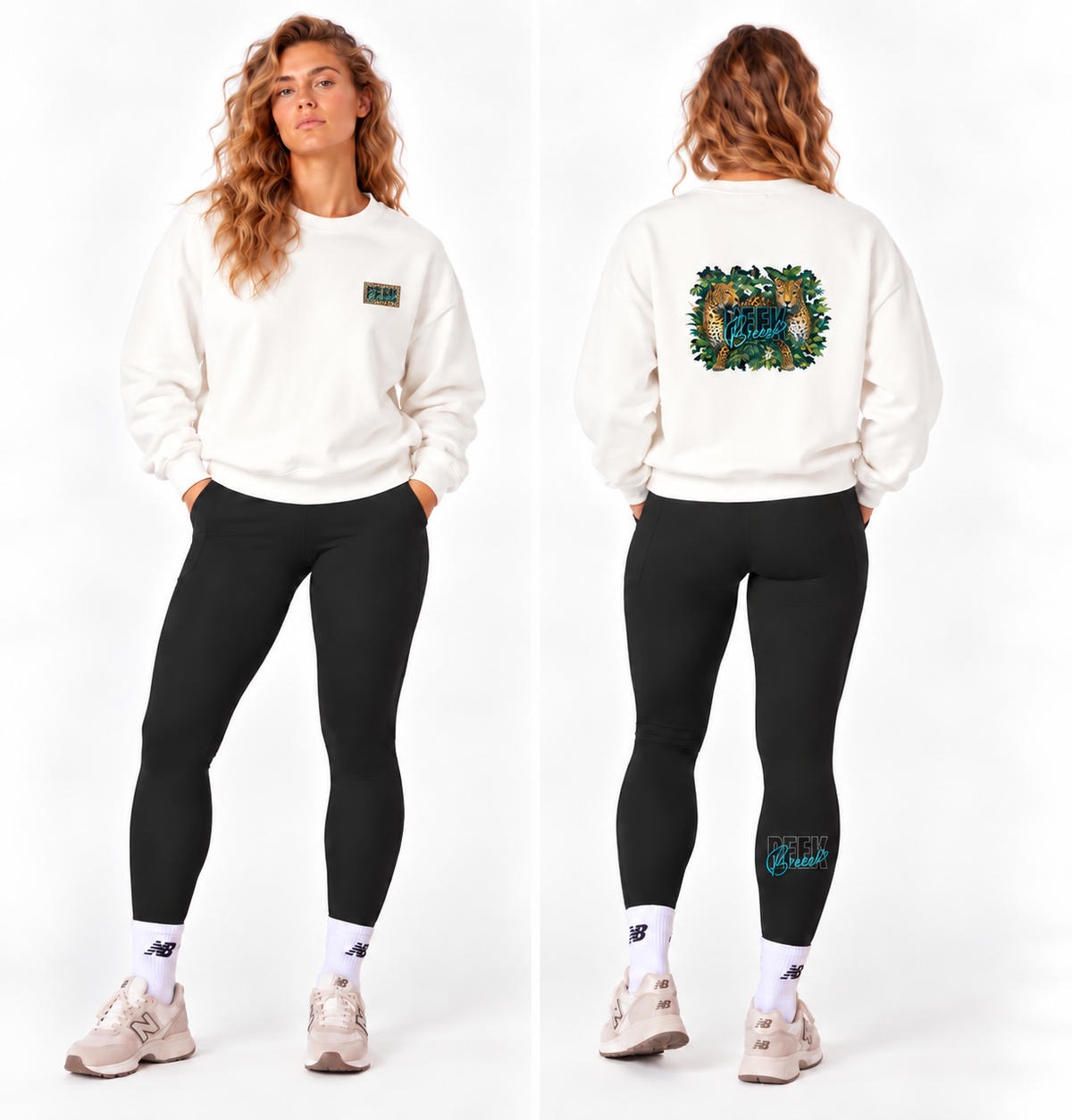White WILD crewneck with leopard-print logo on the front and leopard print on the back