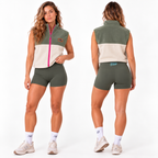 FLOW mid-rise bike shorts in dark khaki, front and back view