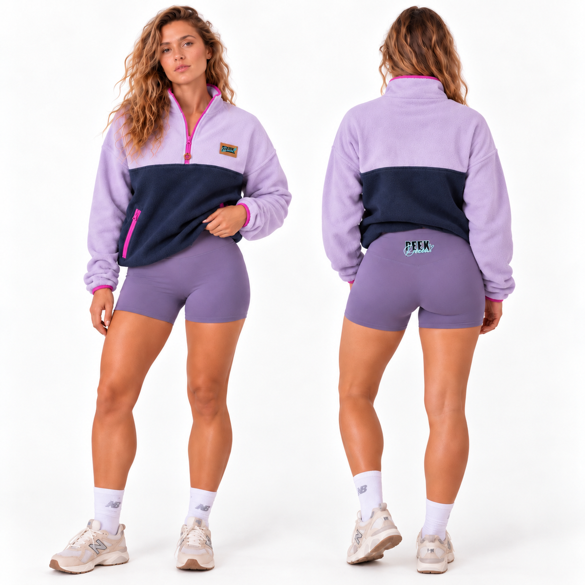 FLOW mid-rise bike shorts in dark lilac, front and back view