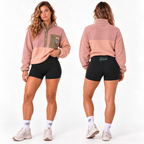 FLOW mid-rise bike shorts in black, front and back view