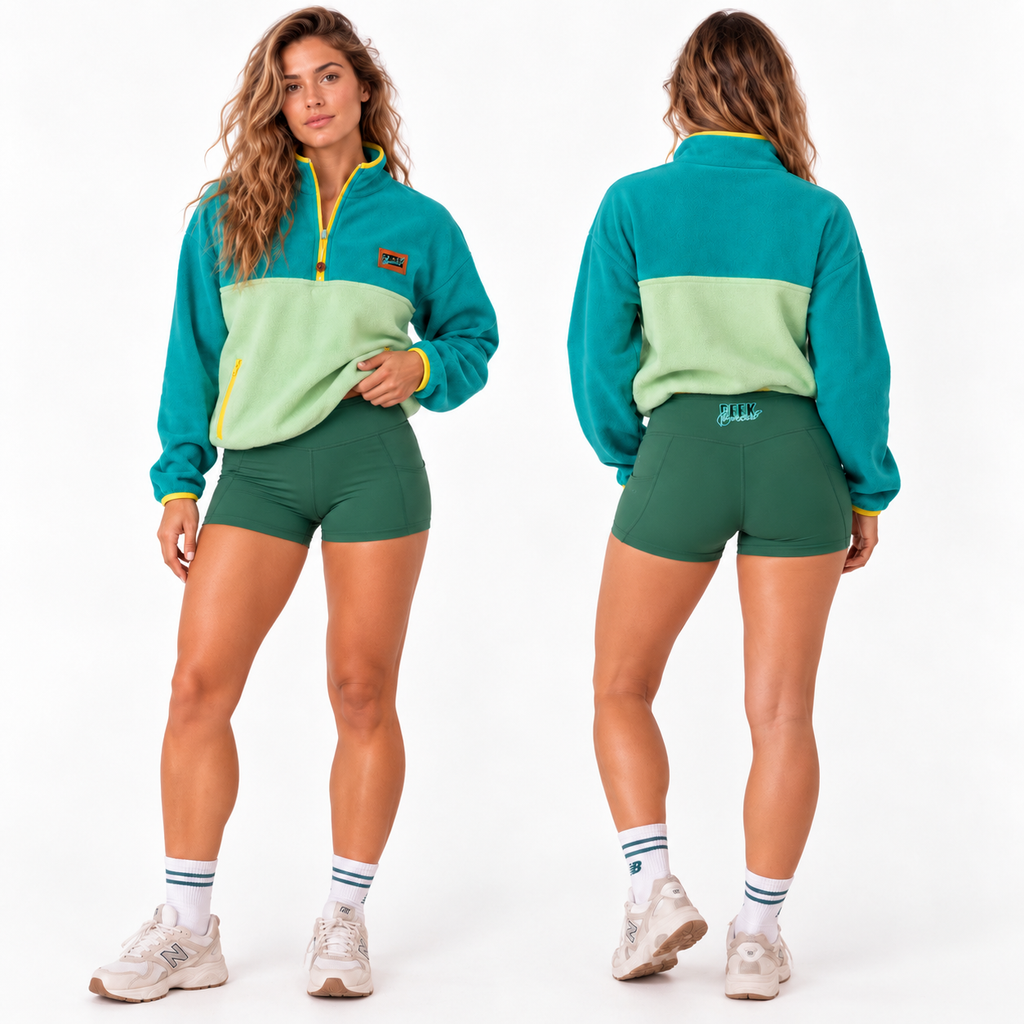 FLOW mid-rise bike shorts in green, front and back view