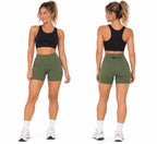MOVE high-rise bike shorts in khaki green with side pockets, front and back view