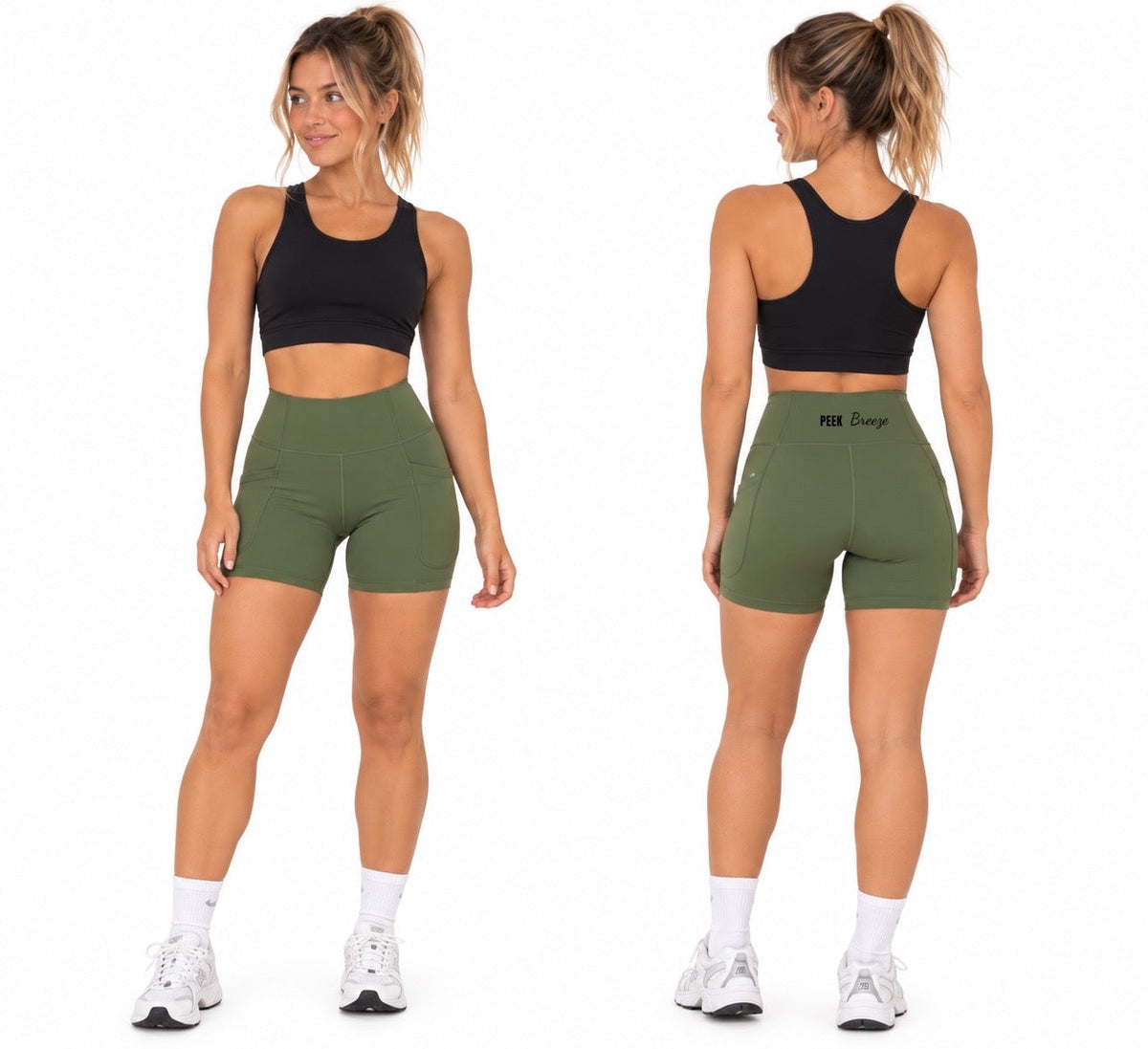 MOVE high-rise bike shorts in khaki green with side pockets, front and back view
