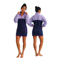 Front and back view of the Ibiza quarter-zip fleece dress in lilac and navy with fuchsia trim