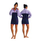 Front and back view of the Ibiza quarter-zip fleece dress in lilac and navy with fuchsia trim