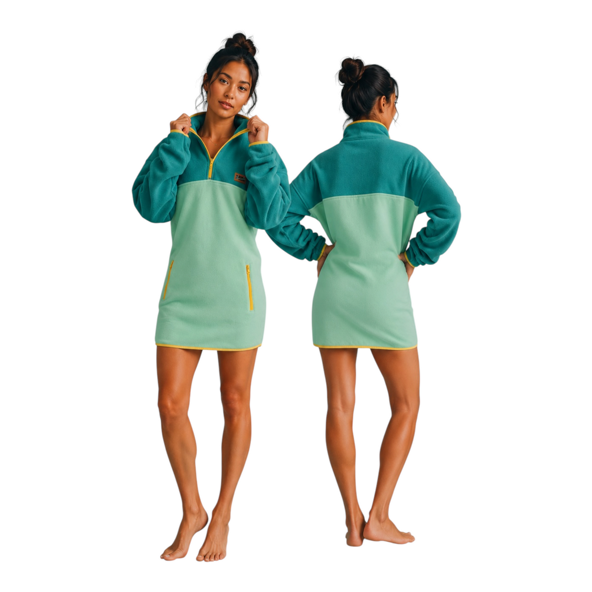 Front and back view of the Lagoon quarter-zip fleece dress in forest green and mint with yellow trim