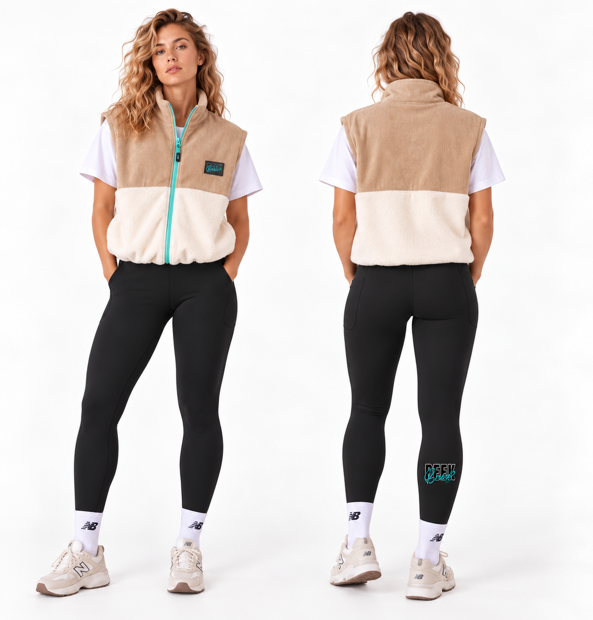 Black TREK high-rise leggings with pockets for women, front and back view