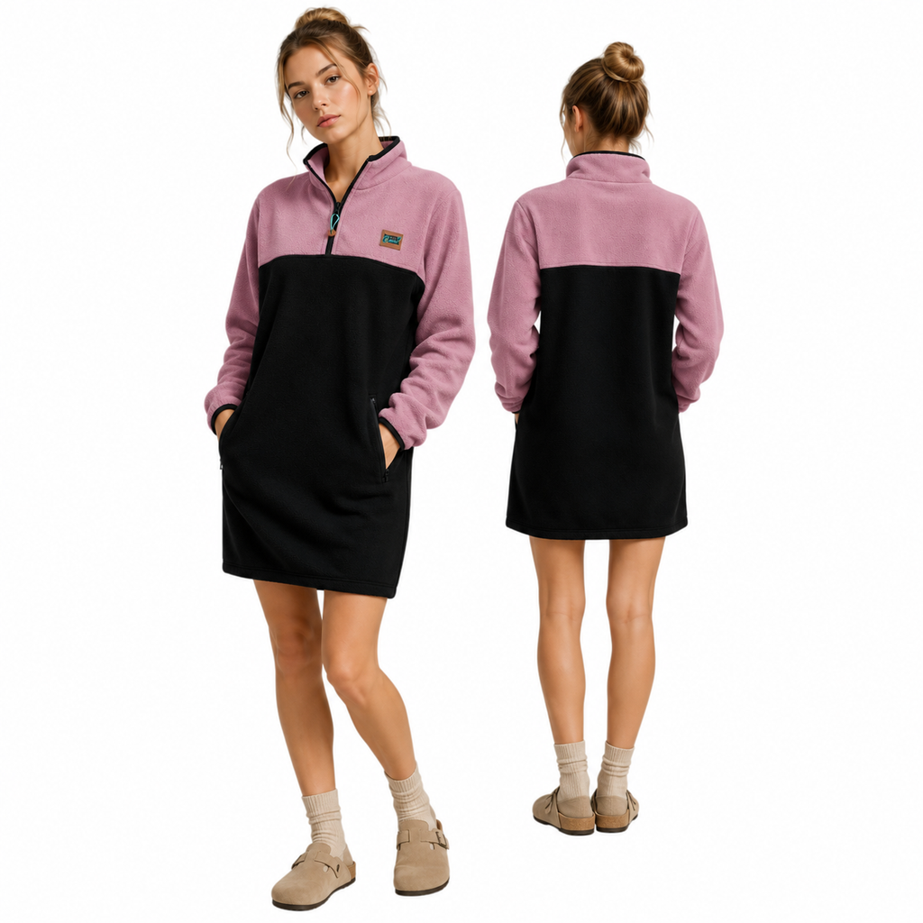 Front and back view of the Maui quarter-zip fleece dress in dusty rose and black with zippered pockets