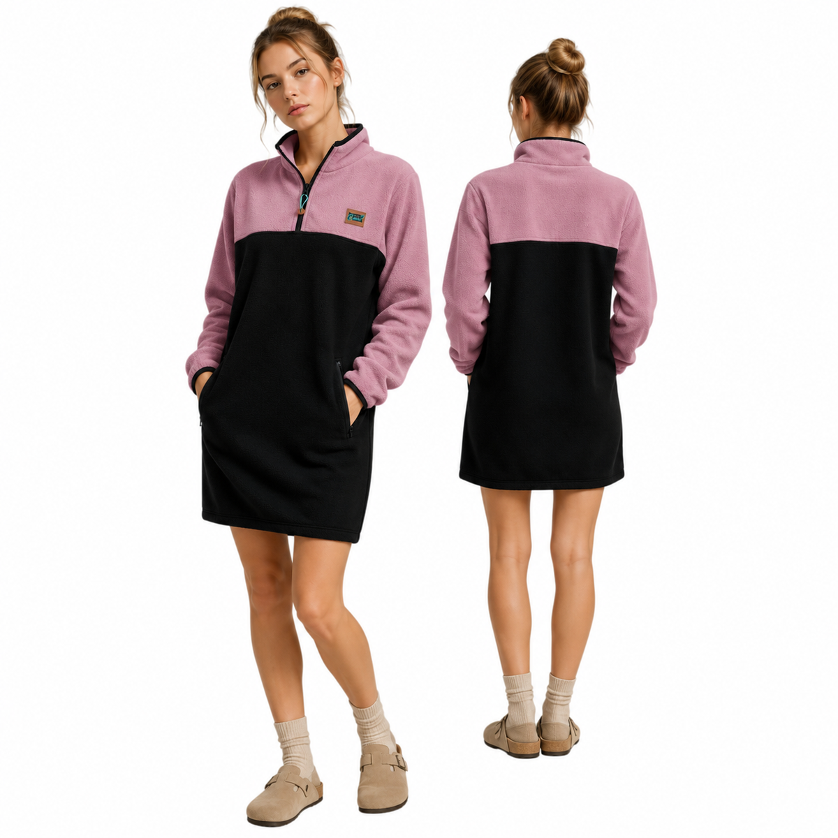 Front and back view of the Maui quarter-zip fleece dress in dusty rose and black with zippered pockets