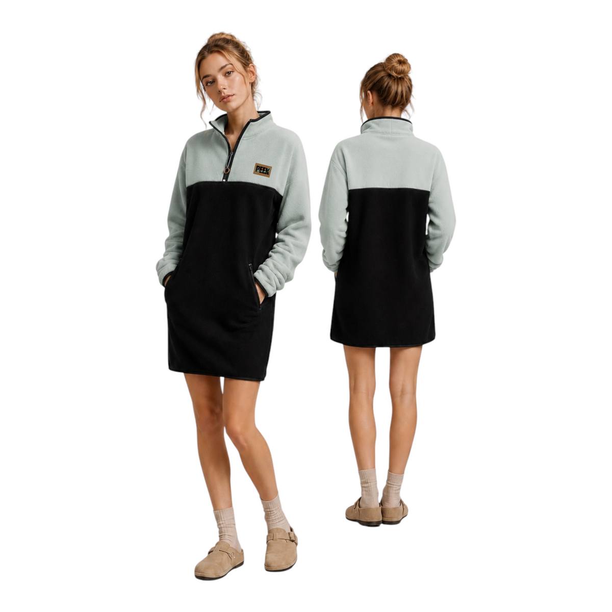 Front and back view of the Misty quarter-zip fleece dress in sage green and black with zippered pockets