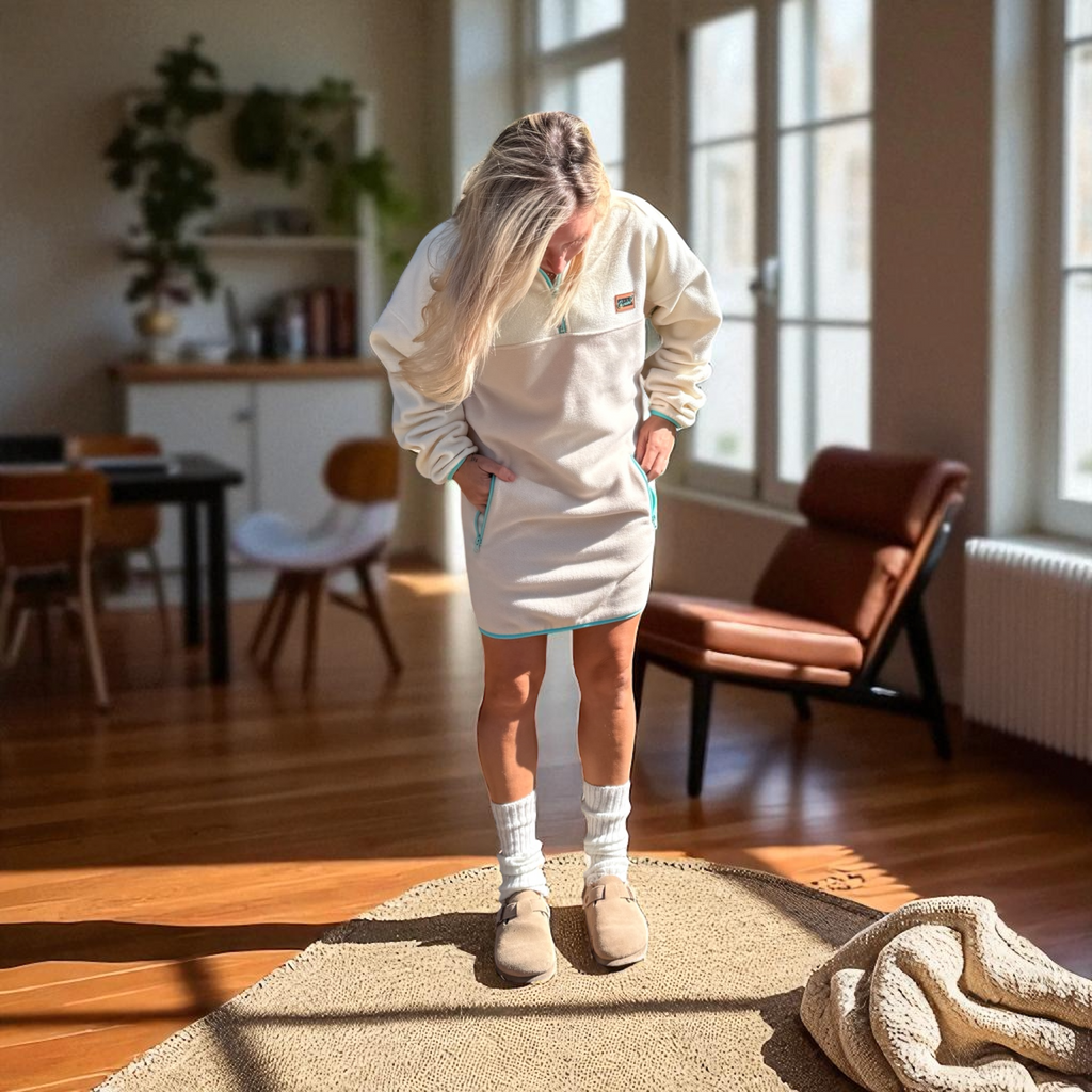 Woman wearing the Peek Breeze Oasis ivory and sand fleece dress in a cozy indoor setting, featuring a comfortable relaxed fit and warm fleece fabric.