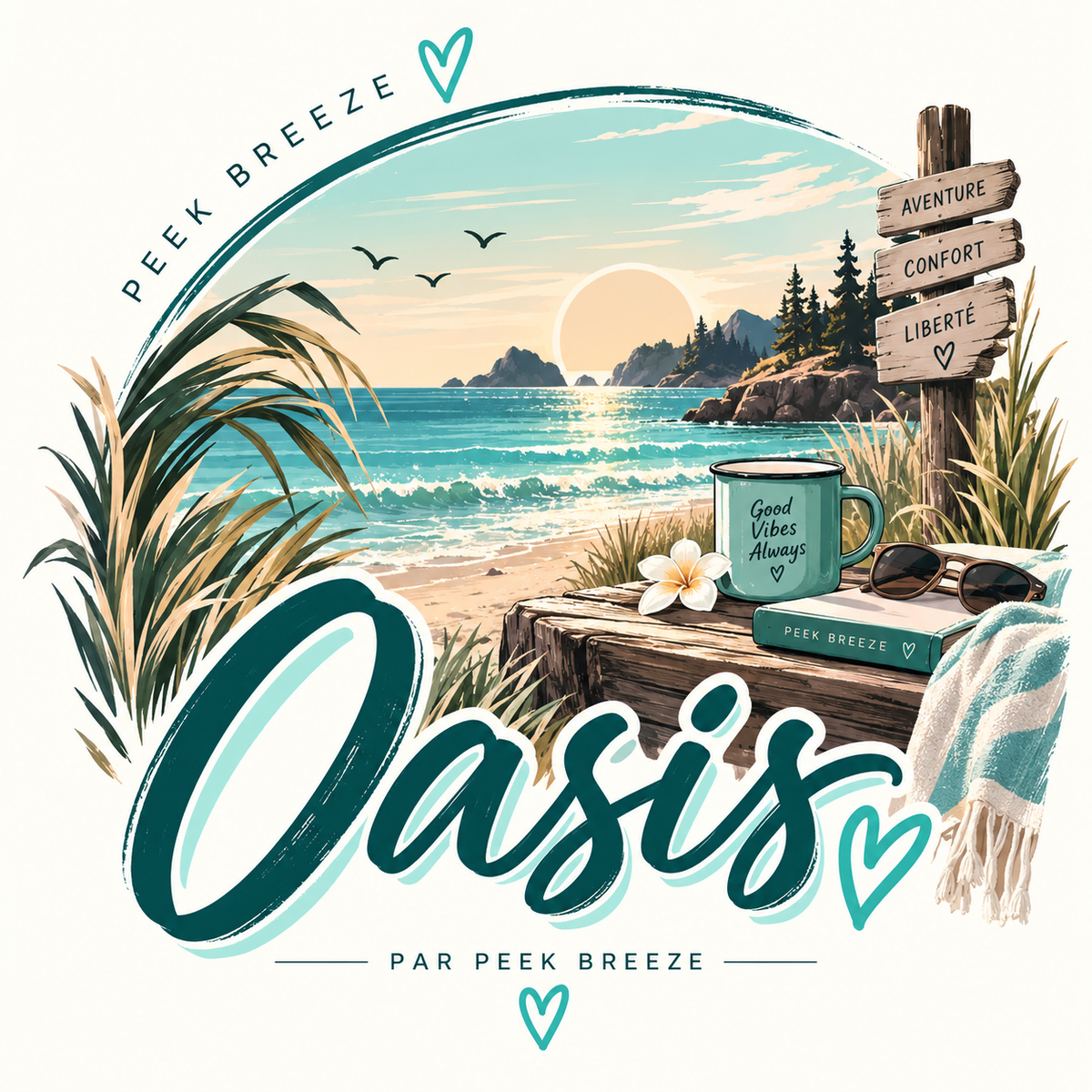 Peek Breeze Oasis collection illustration featuring a tropical coastal landscape, palm trees, and the Oasis collection name.