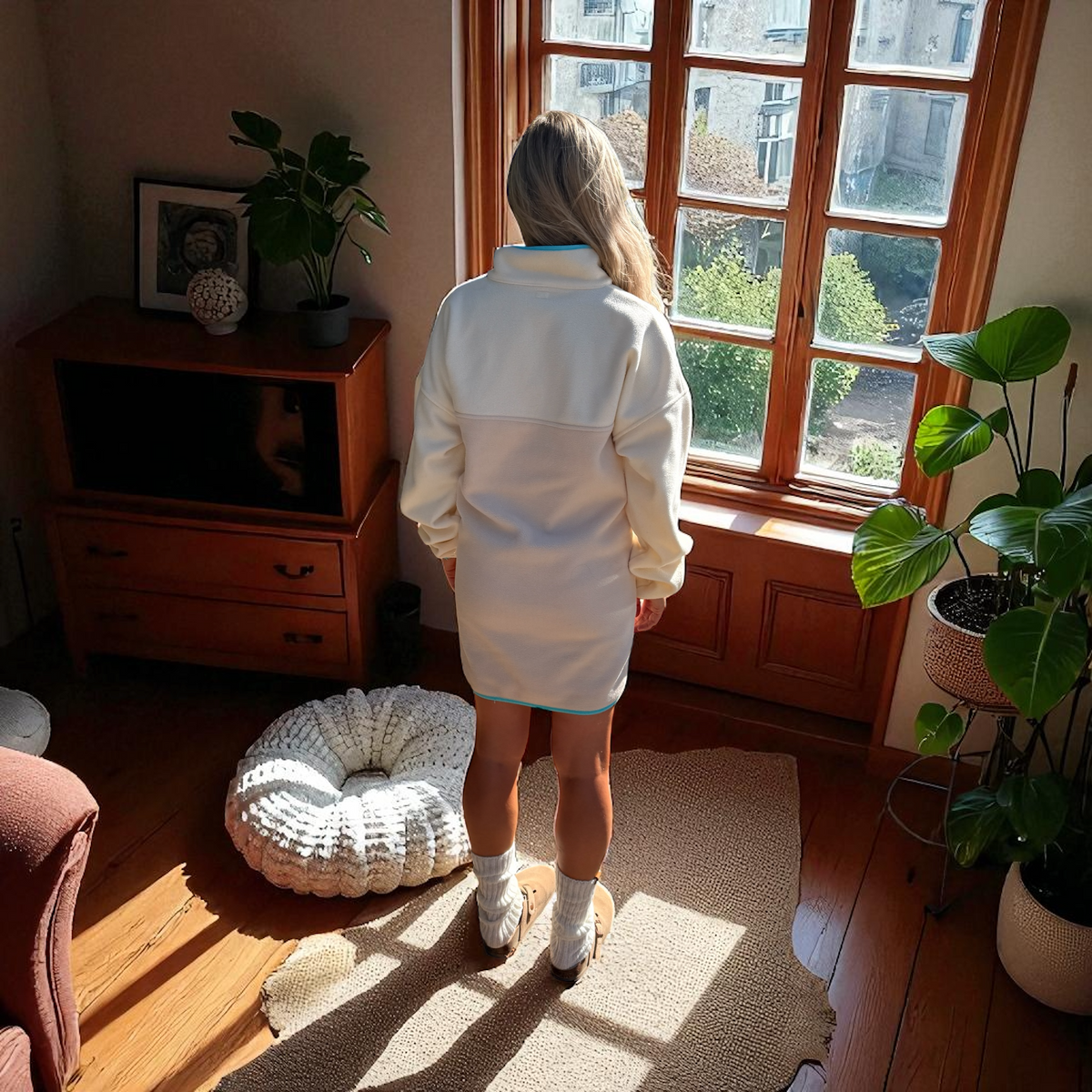 Back view of a woman wearing the Oasis quarter-zip fleece dress by Peek Breeze in a cozy home setting, showcasing its relaxed fit and soft ivory fleece.