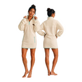Women’s Oasis quarter-zip fleece dress in ivory and sand by Peek Breeze, featuring front and back views, a cozy relaxed fit, long sleeves, and zippered pockets.