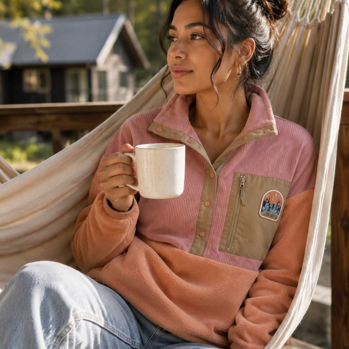 Woman wearing the Boreal pink corduroy fleece pullover at the cabin