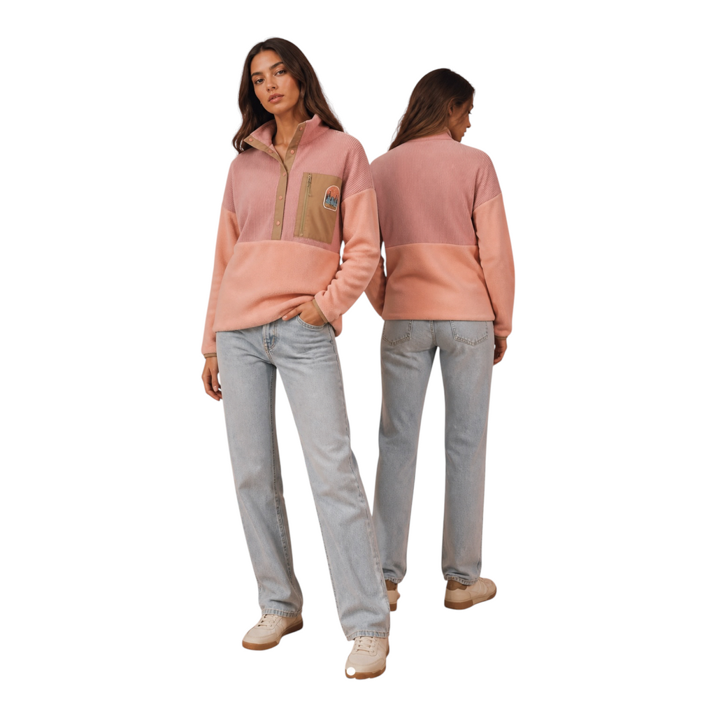 Boreal fleece pullover in pink with corduroy details, front and back view