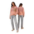 Boreal fleece pullover in pink with corduroy details, front and back view