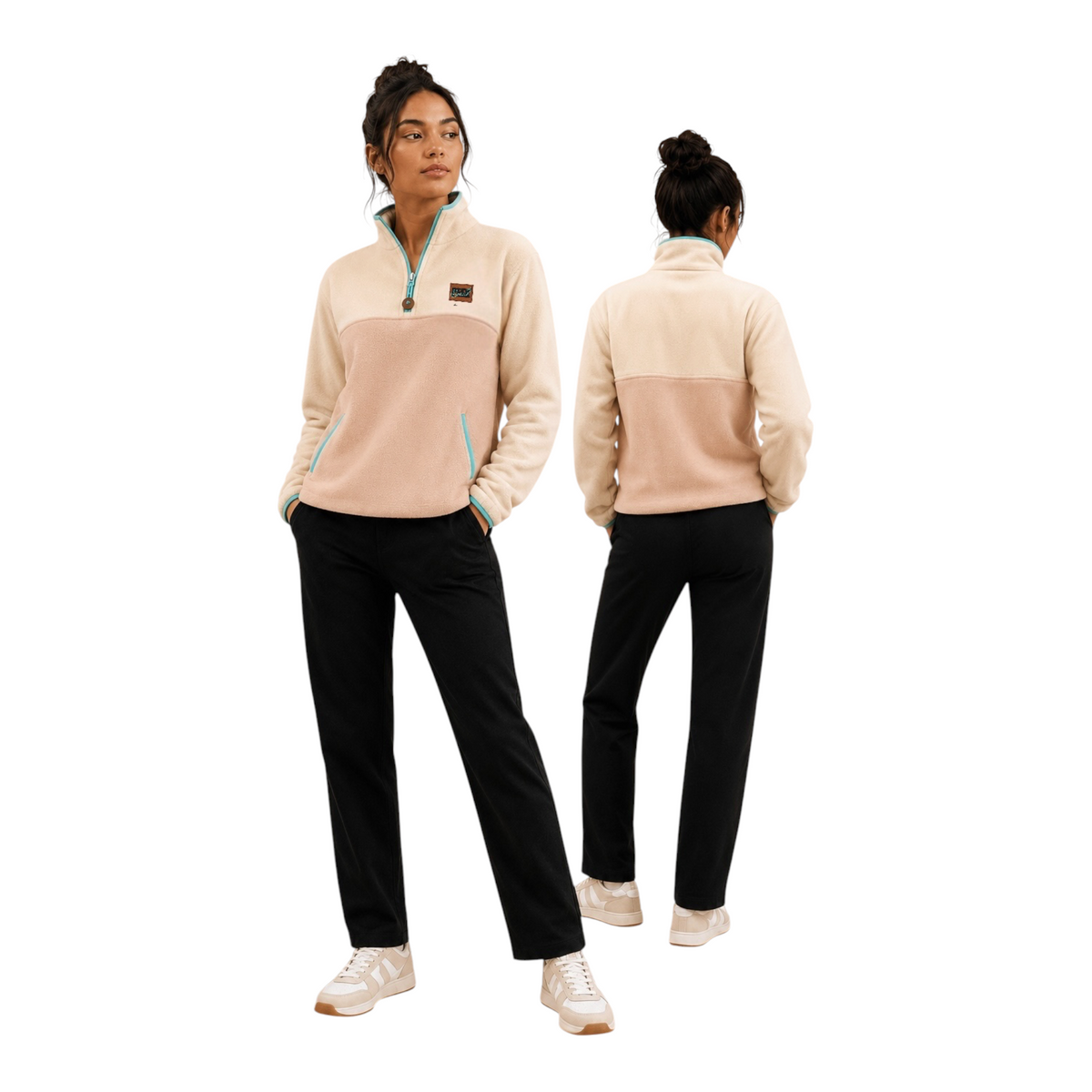 Oasis half-zip fleece pullover in ivory and sand beige, front and back view