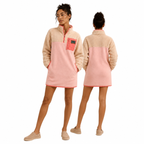 Front and back view of the Peachy sherpa fleece dress in sand beige, blush pink and coral