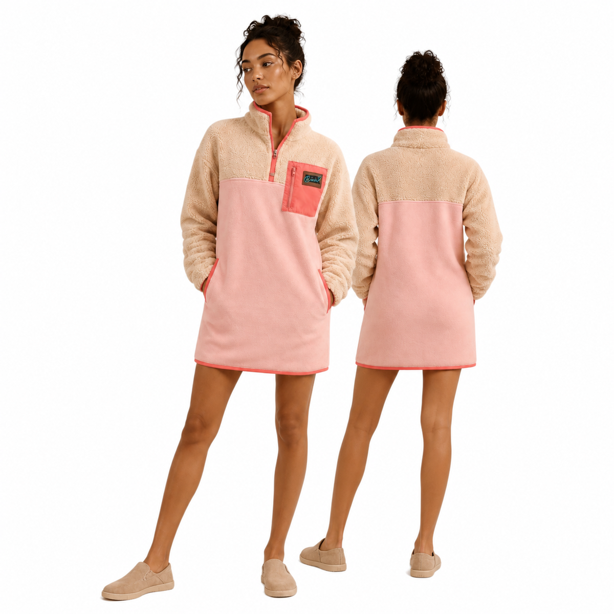 Front and back view of the Peachy sherpa fleece dress in sand beige, blush pink and coral