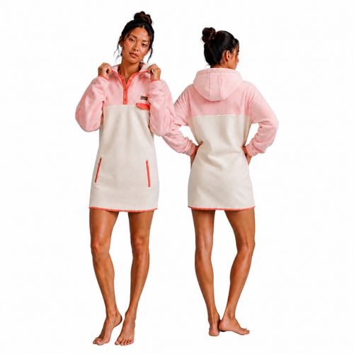 Front and back view of the Blush fleece dress in pale ivory, blush pink and coral