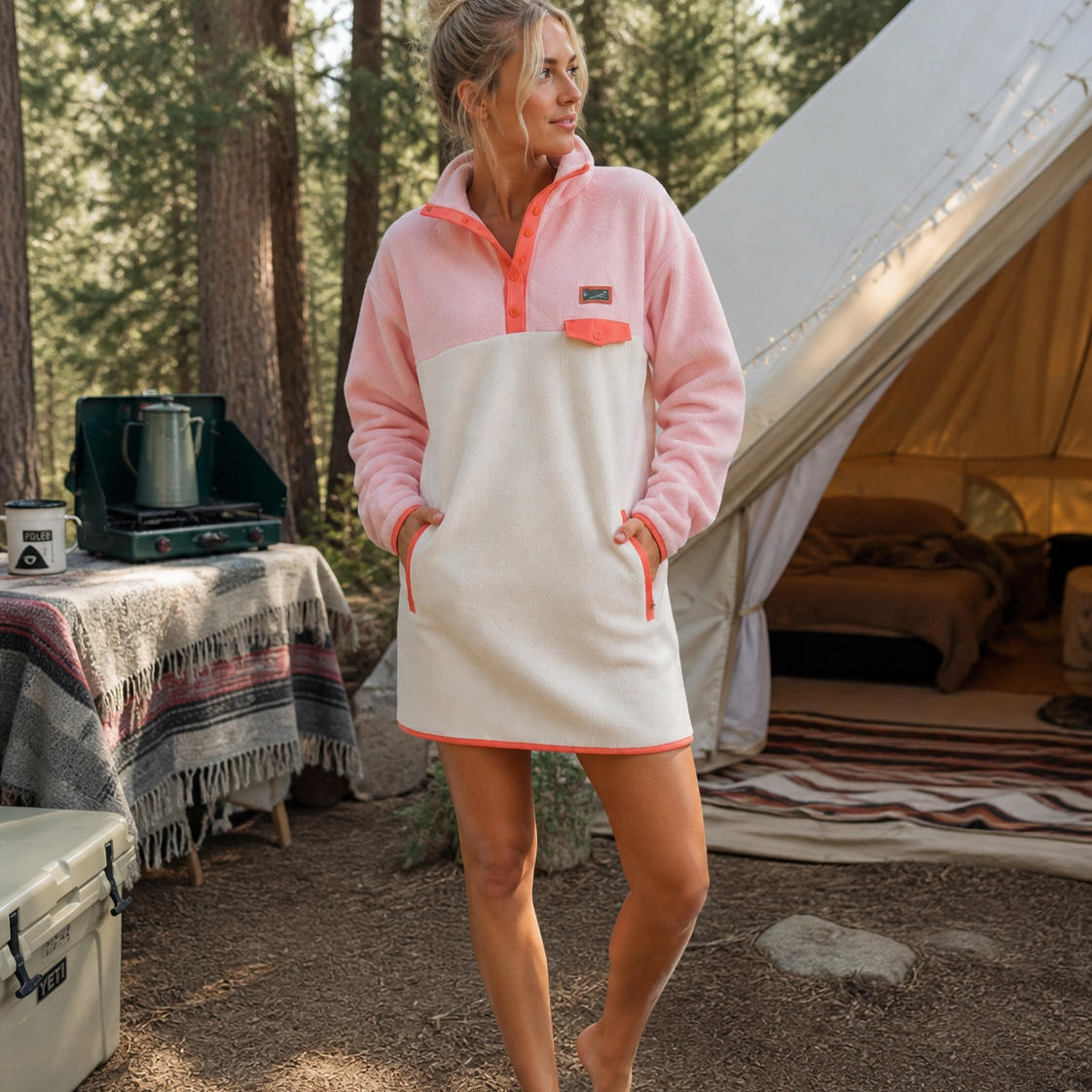 Woman wearing the Blush fleece dress in blush pink and ivory at a campsite next to a tent