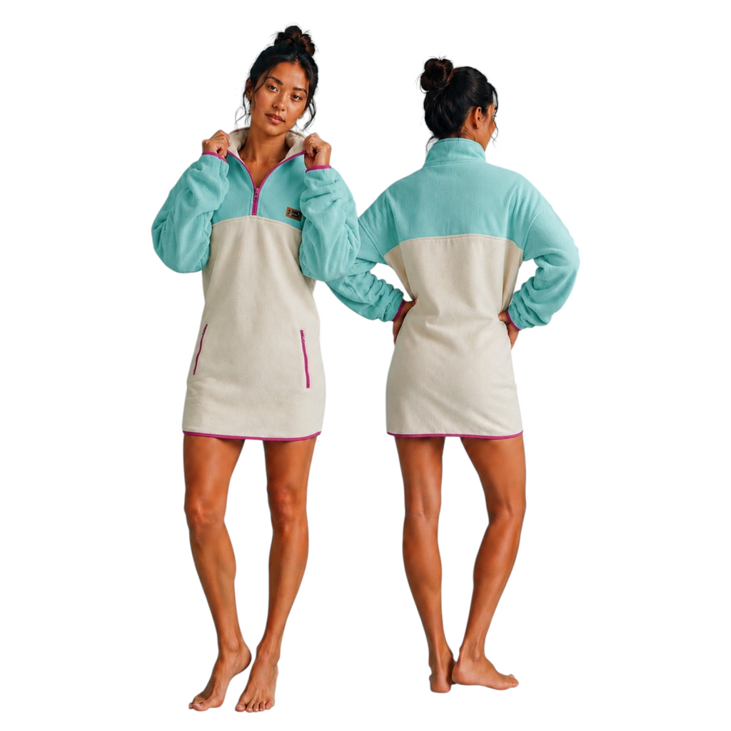 Front and back view of the Breeze half-zip fleece dress in turquoise, beige and pink with corduroy details