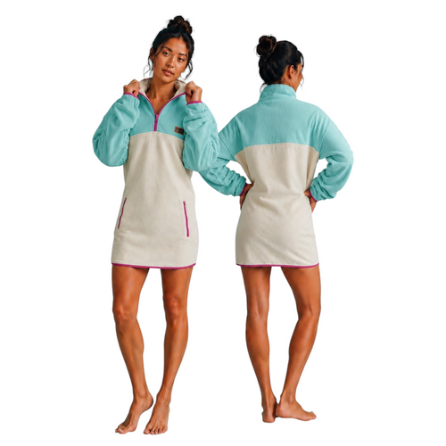 Front and back view of the Breeze half-zip fleece dress in turquoise, beige and pink with corduroy details
