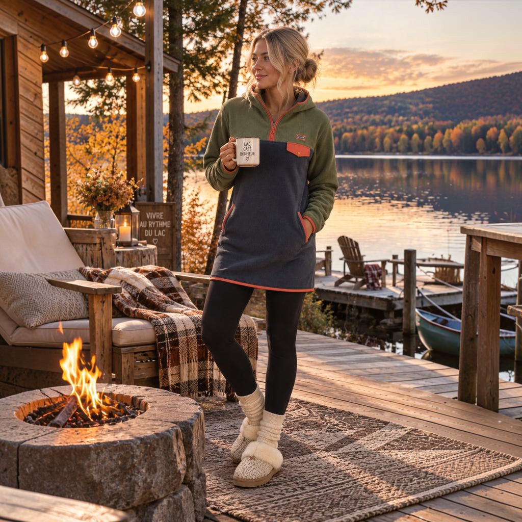 Woman wearing the Retro khaki and navy fleece dress by an outdoor fire at the cabin