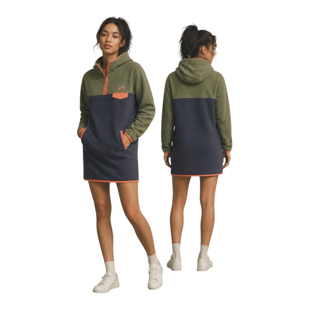 Front and back view of the Retro fleece dress in khaki, dark navy and coral