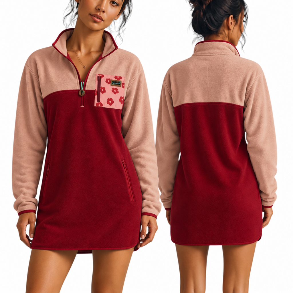 Front and back view of the Rosie quarter-zip fleece dress in dusty rose and burgundy with a floral chest pocket