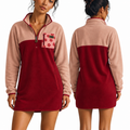 Front and back view of the Rosie quarter-zip fleece dress in dusty rose and burgundy with a floral chest pocket