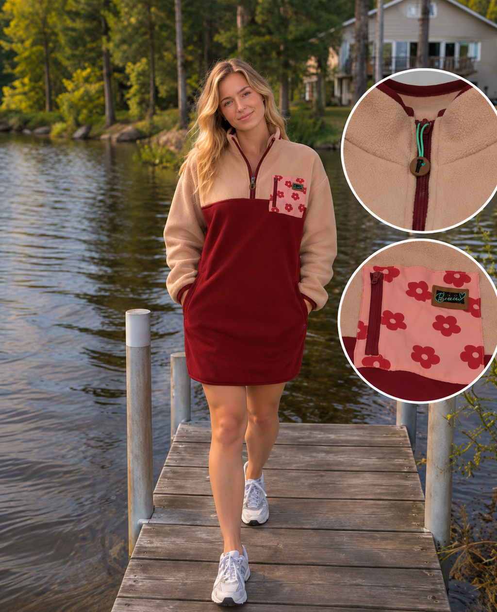 Woman wearing the Rosie burgundy and dusty rose fleece dress with a floral pocket by a lake